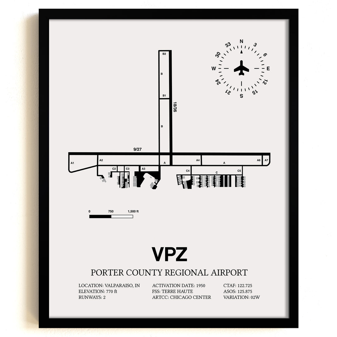 Framed Detailed Airport Map of Porter County Regional Airport (VPZ) in White with a Black Frame