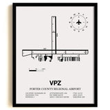 Framed Detailed Airport Map of Porter County Regional Airport (VPZ) in White with a Black Frame