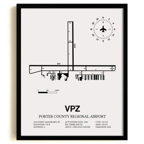 Framed Detailed Airport Map of Porter County Regional Airport (VPZ) in White with a Black Frame