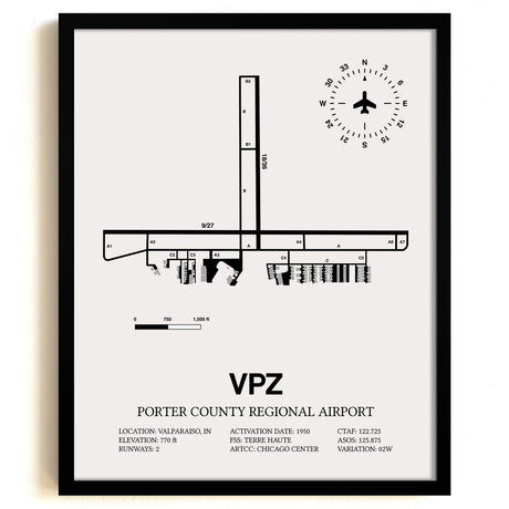 Framed Detailed Airport Map of Porter County Regional Airport (VPZ) in White with a Black Frame