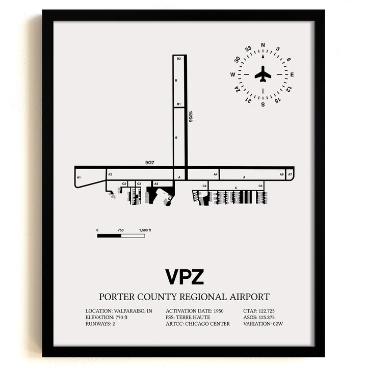 Framed Detailed Airport Map of Porter County Regional Airport (VPZ) in White with a Black Frame