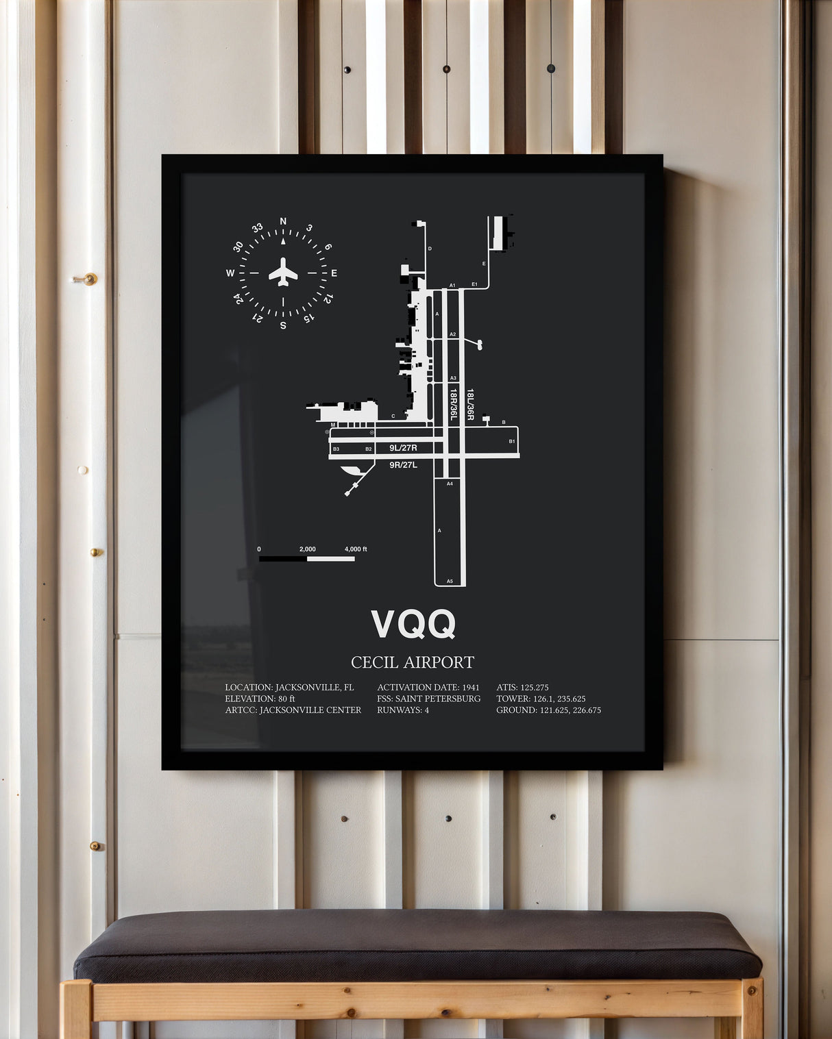 Framed Detailed Airport Map of Cecil Airport (VQQ) in Gray with a Black Frame