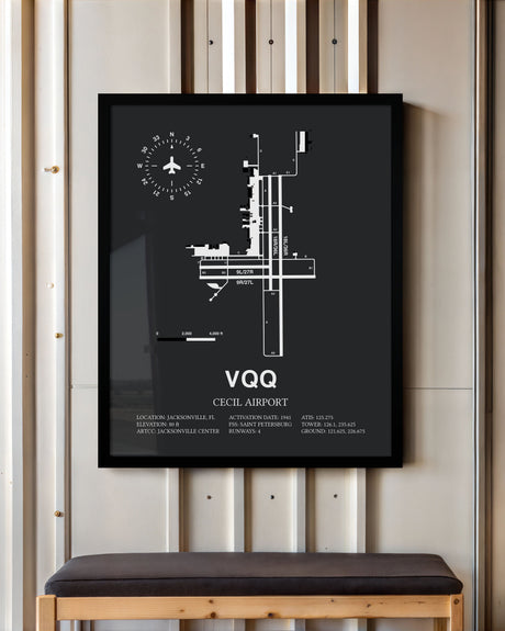 Framed Detailed Airport Map of Cecil Airport (VQQ) in Gray with a Black Frame