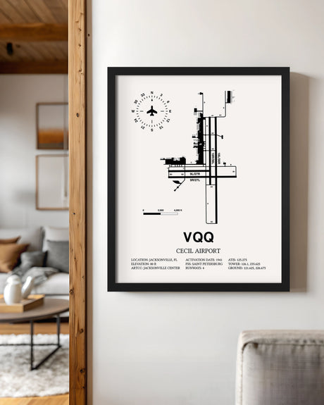 Framed Detailed Airport Map of Cecil Airport (VQQ) in White with a Black Frame