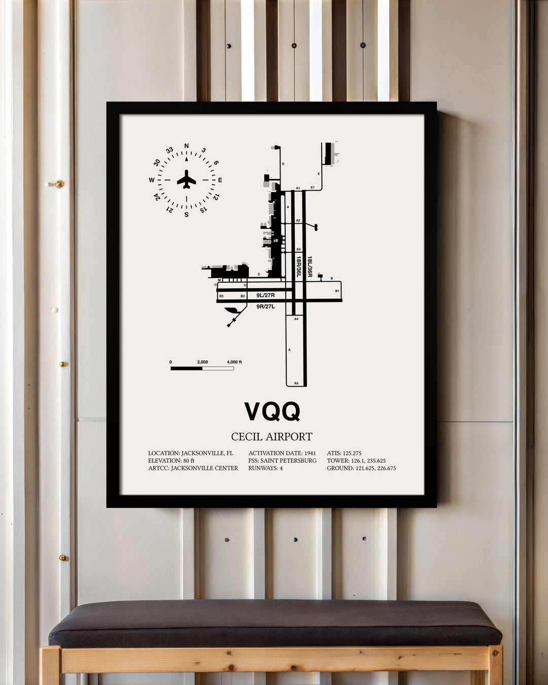 Framed Detailed Airport Map of Cecil Airport (VQQ) in White with a Black Frame