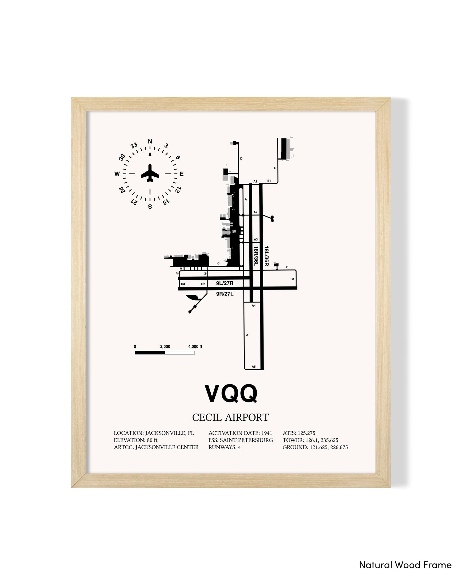 Detailed Airport Map of Cecil Airport (VQQ) in White with a Natural Frame