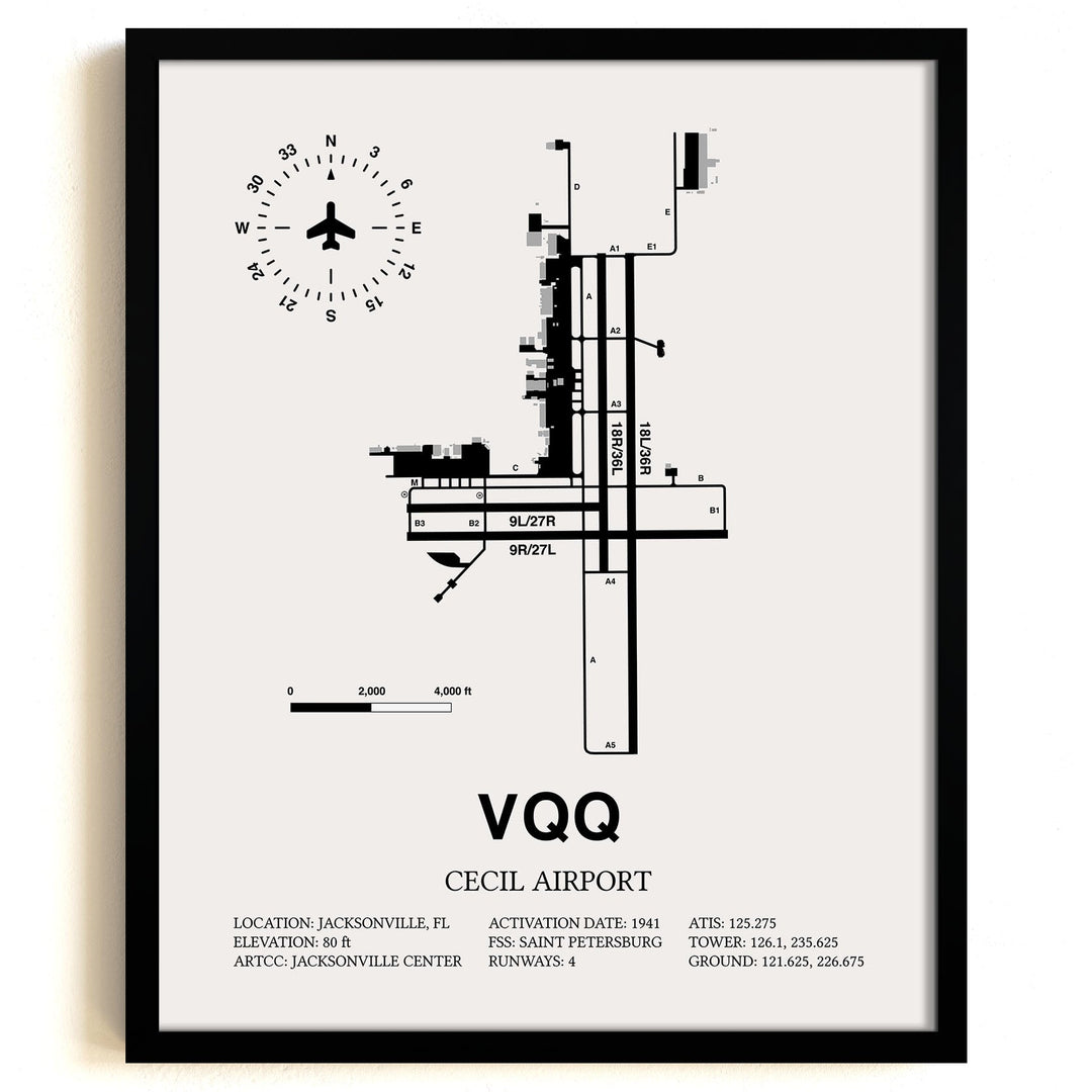 Framed Detailed Airport Map of Cecil Airport (VQQ) in White with a Black Frame