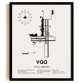 Framed Detailed Airport Map of Cecil Airport (VQQ) in White with a Black Frame