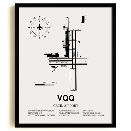 Framed Detailed Airport Map of Cecil Airport (VQQ) in White with a Black Frame