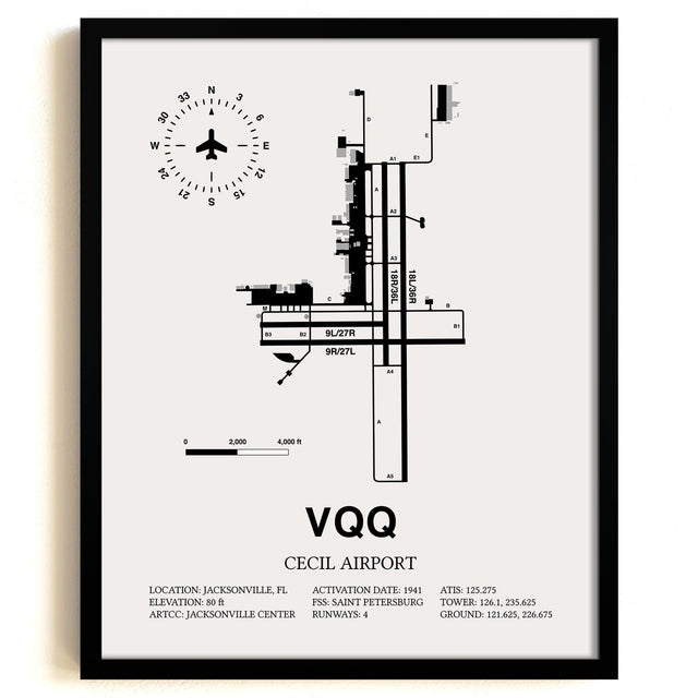 Framed Detailed Airport Map of Cecil Airport (VQQ) in White with a Black Frame