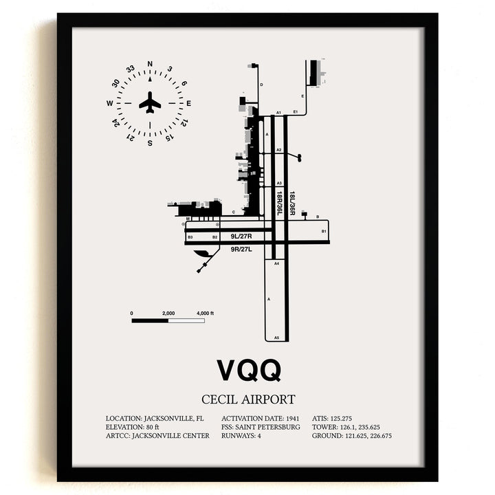 Framed Detailed Airport Map of Cecil Airport (VQQ) in White with a Black Frame