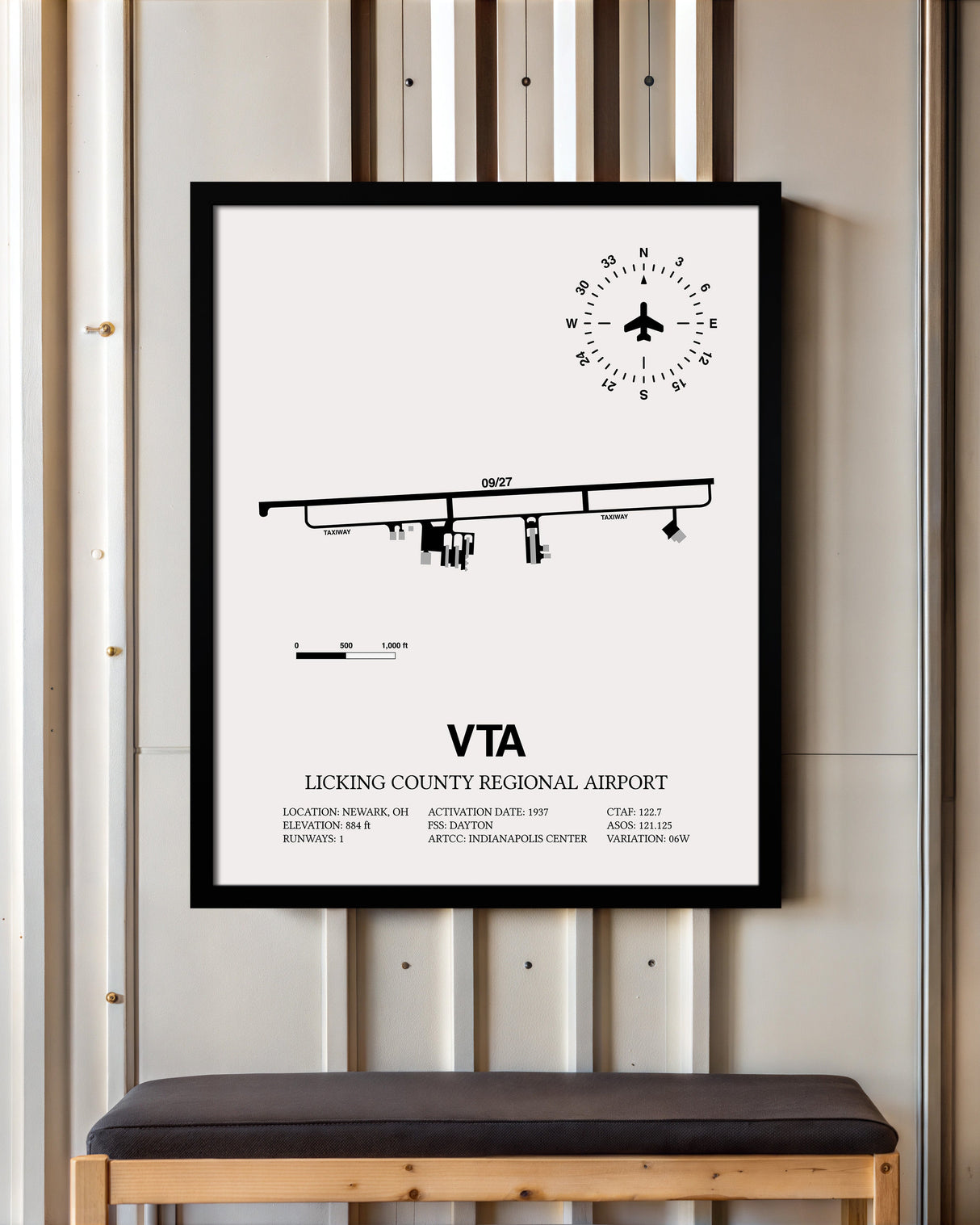 Framed Detailed Airport Map of Licking County Regional Airport (VTA) in White with a Black Frame