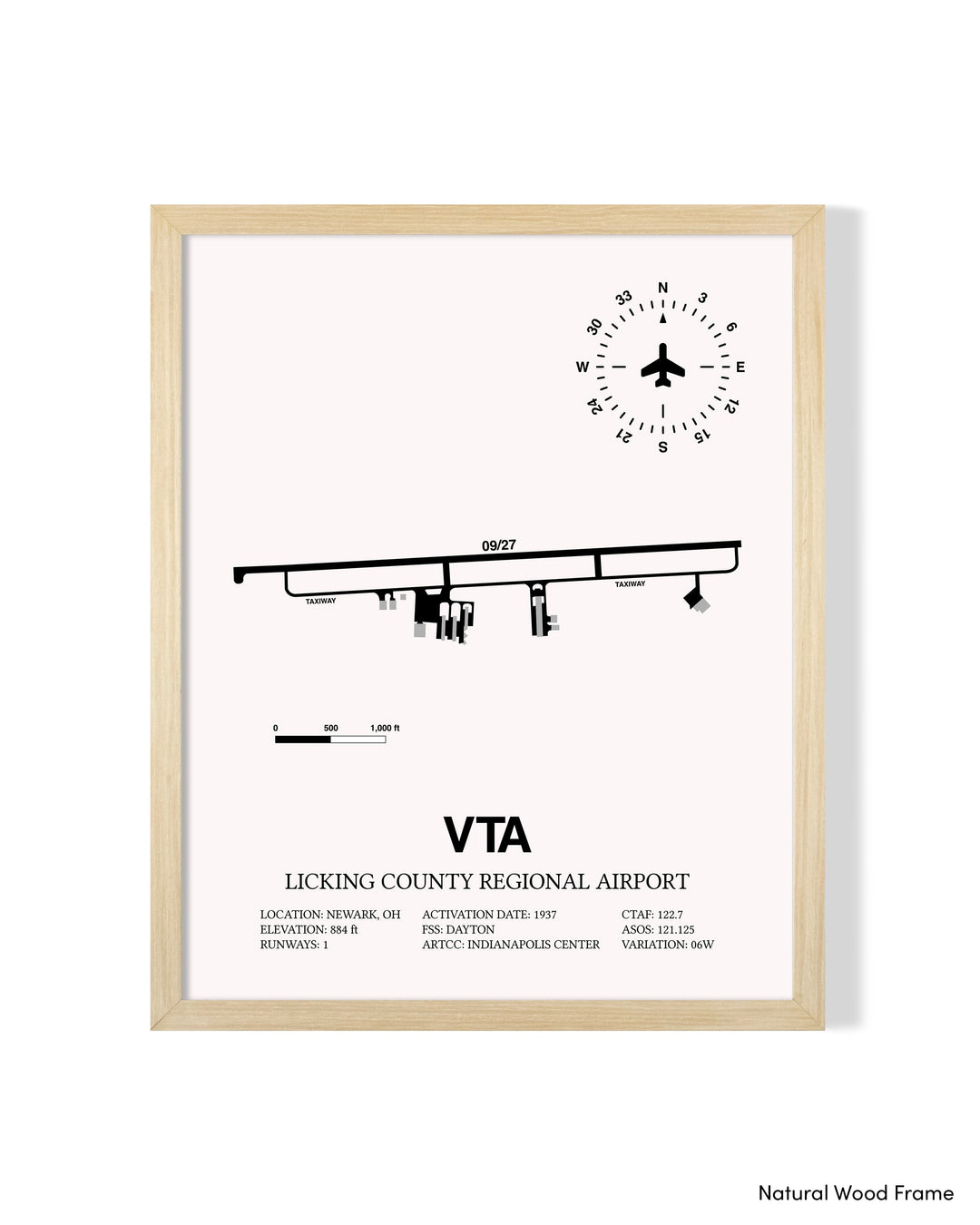 Detailed Airport Map of Licking County Regional Airport (VTA) in White with a Natural Frame