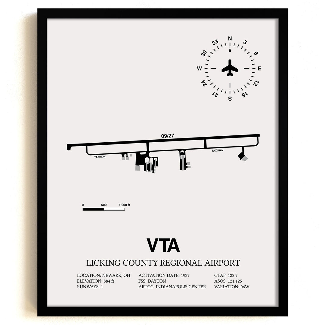Framed Detailed Airport Map of Licking County Regional Airport (VTA) in White with a Black Frame