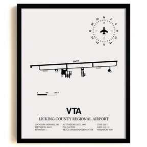Framed Detailed Airport Map of Licking County Regional Airport (VTA) in White with a Black Frame
