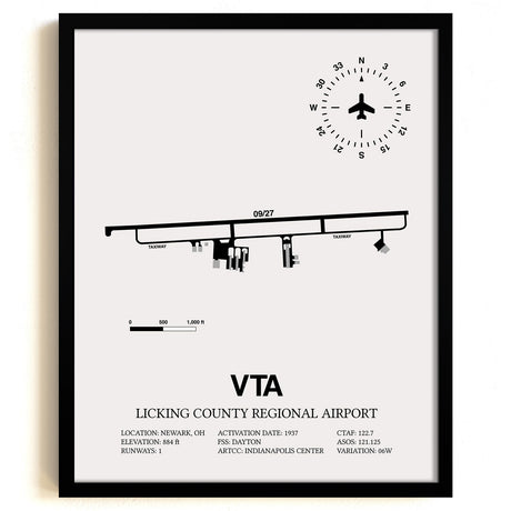 Framed Detailed Airport Map of Licking County Regional Airport (VTA) in White with a Black Frame