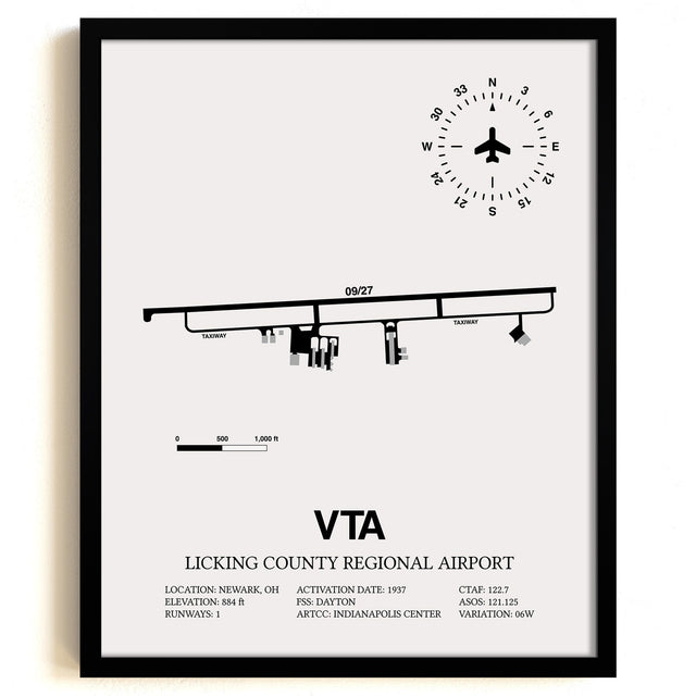 Framed Detailed Airport Map of Licking County Regional Airport (VTA) in White with a Black Frame