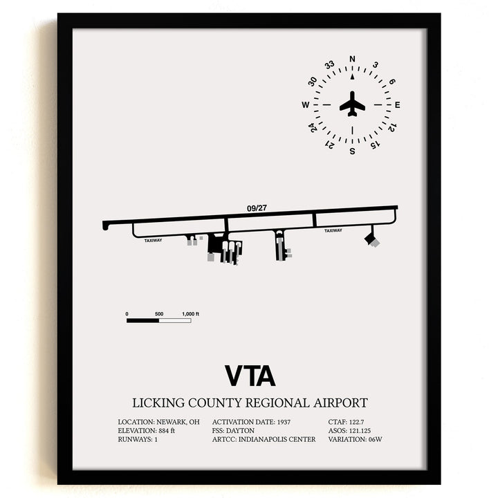 Framed Detailed Airport Map of Licking County Regional Airport (VTA) in White with a Black Frame