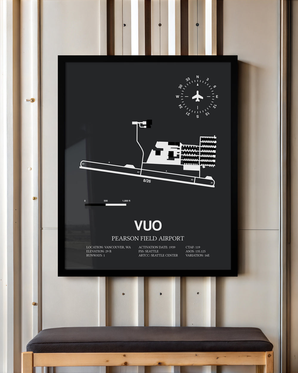 Framed Detailed Airport Map of Pearson Field Airport (VUO) in Gray with a Black Frame