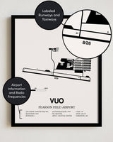 Framed Detailed Airport Map of Pearson Field Airport (VUO) in White with a Black Frame