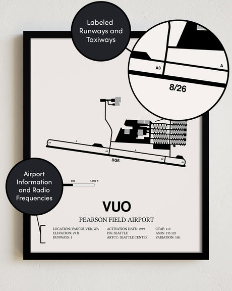 Framed Detailed Airport Map of Pearson Field Airport (VUO) in White with a Black Frame