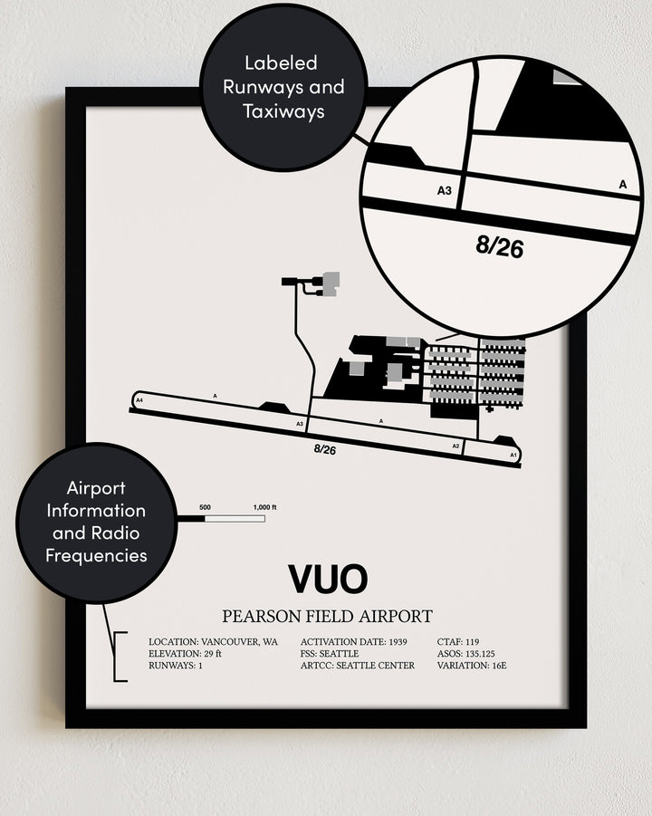 Framed Detailed Airport Map of Pearson Field Airport (VUO) in White with a Black Frame