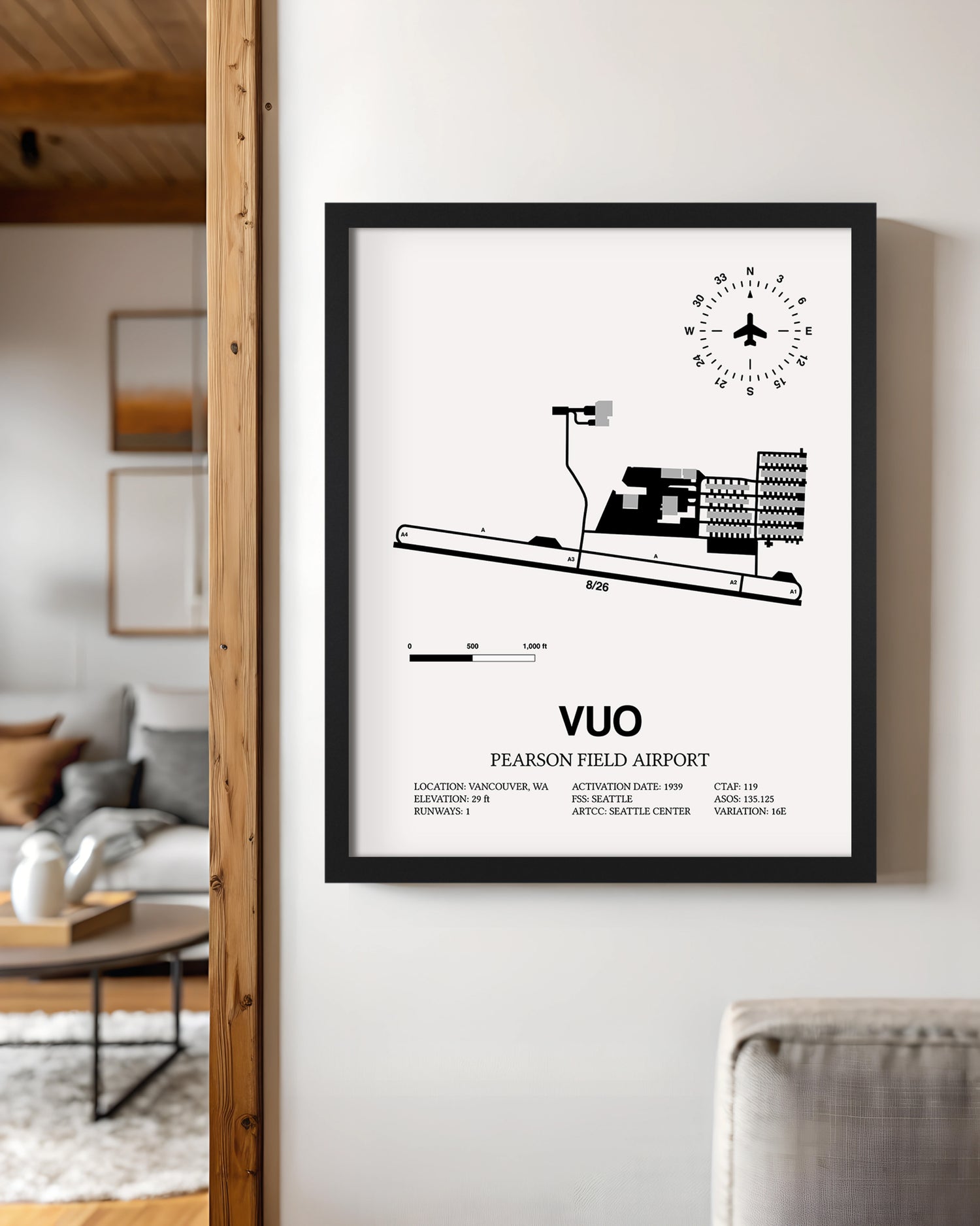 Framed Detailed Airport Map of Pearson Field Airport (VUO) in White with a Black Frame