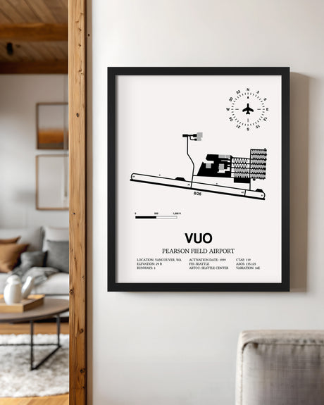 Framed Detailed Airport Map of Pearson Field Airport (VUO) in White with a Black Frame