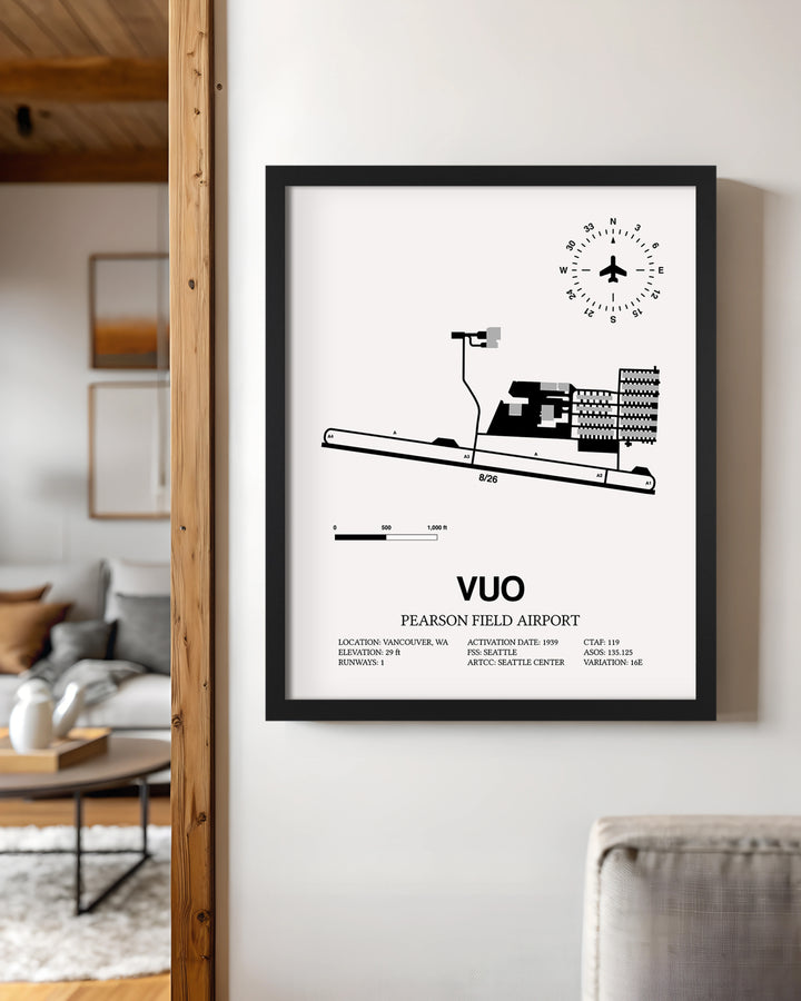 Framed Detailed Airport Map of Pearson Field Airport (VUO) in White with a Black Frame