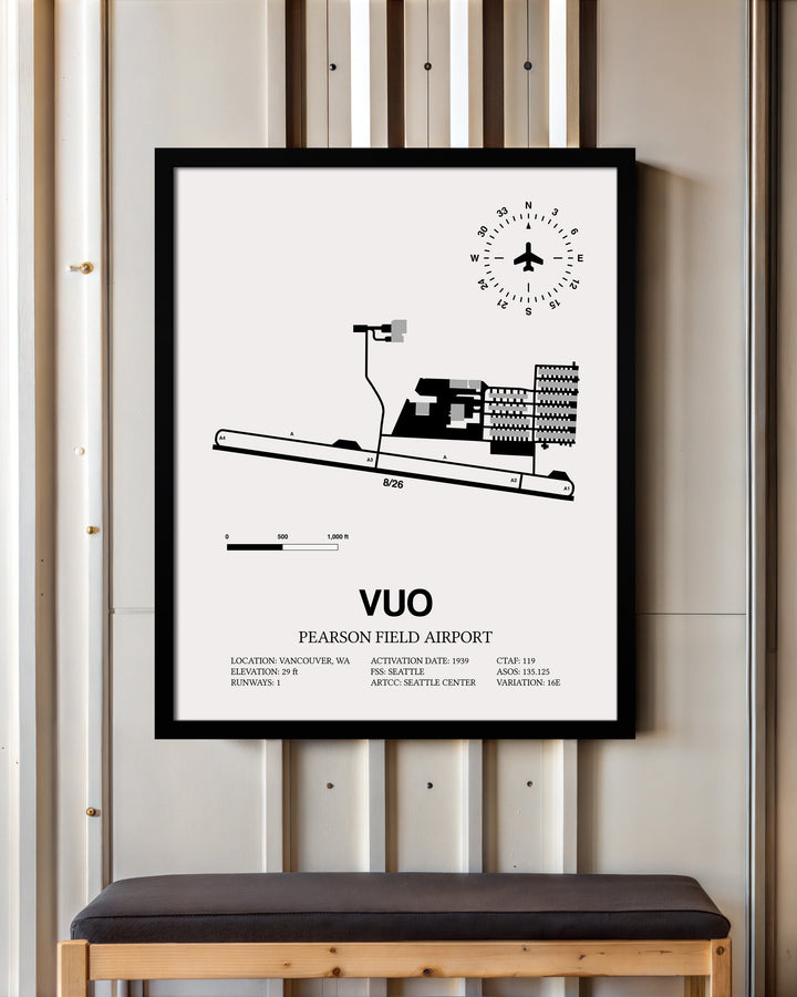 Framed Detailed Airport Map of Pearson Field Airport (VUO) in White with a Black Frame