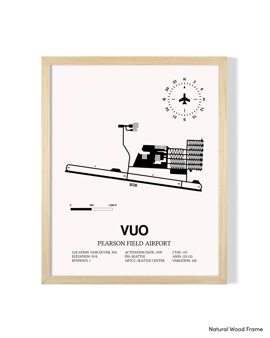 Detailed Airport Map of Pearson Field Airport (VUO) in White with a Natural Frame