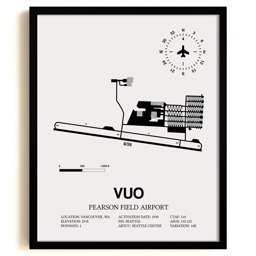 Framed Detailed Airport Map of Pearson Field Airport (VUO) in White with a Black Frame