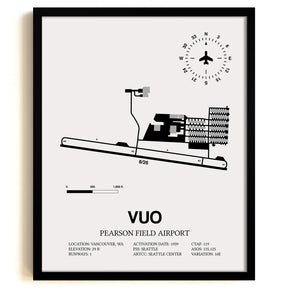 Framed Detailed Airport Map of Pearson Field Airport (VUO) in White with a Black Frame