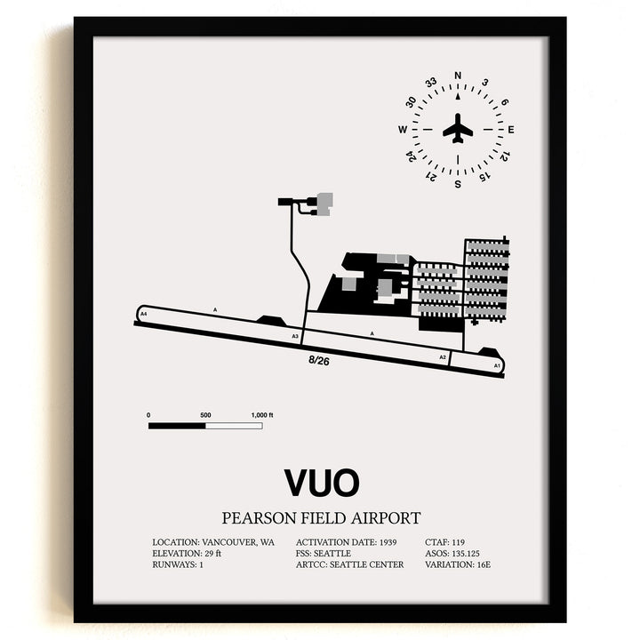 Framed Detailed Airport Map of Pearson Field Airport (VUO) in White with a Black Frame