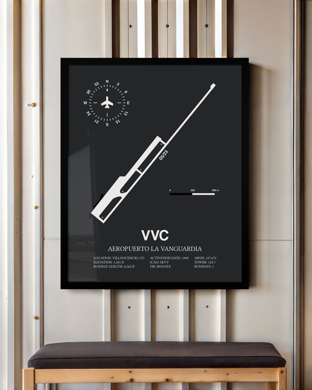 Framed Detailed Airport Map of Aeropuerto La Vanguardia (VVC) in Gray with a Black Frame