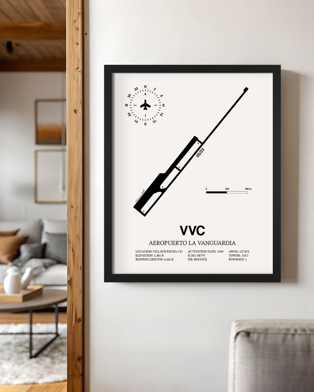 Framed Detailed Airport Map of Aeropuerto La Vanguardia (VVC) in White with a Black Frame
