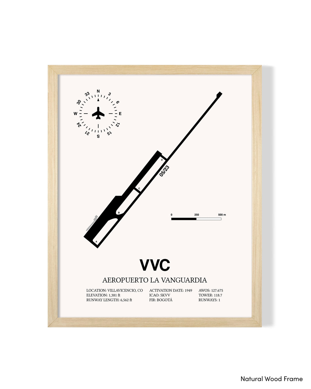Detailed Airport Map of Aeropuerto La Vanguardia (VVC) in White with a Natural Frame