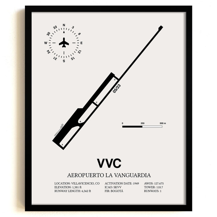 Framed Detailed Airport Map of Aeropuerto La Vanguardia (VVC) in White with a Black Frame