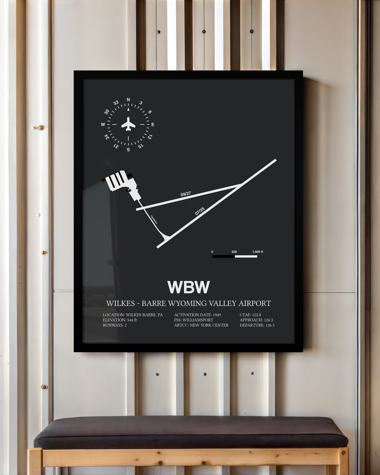 Framed Detailed Airport Map of Wilkes - Barre Wyoming Valley Airport (WBW) in Gray with a Black Frame