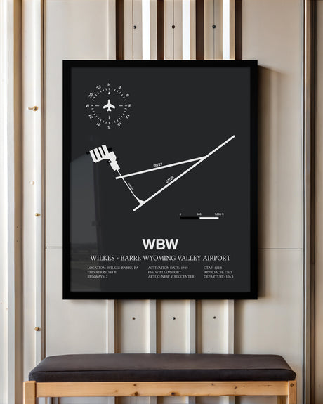 Framed Detailed Airport Map of Wilkes - Barre Wyoming Valley Airport (WBW) in Gray with a Black Frame