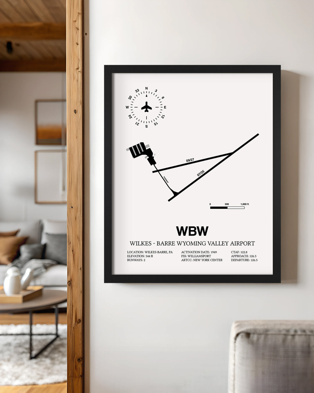 Framed Detailed Airport Map of Wilkes - Barre Wyoming Valley Airport (WBW) in White with a Black Frame