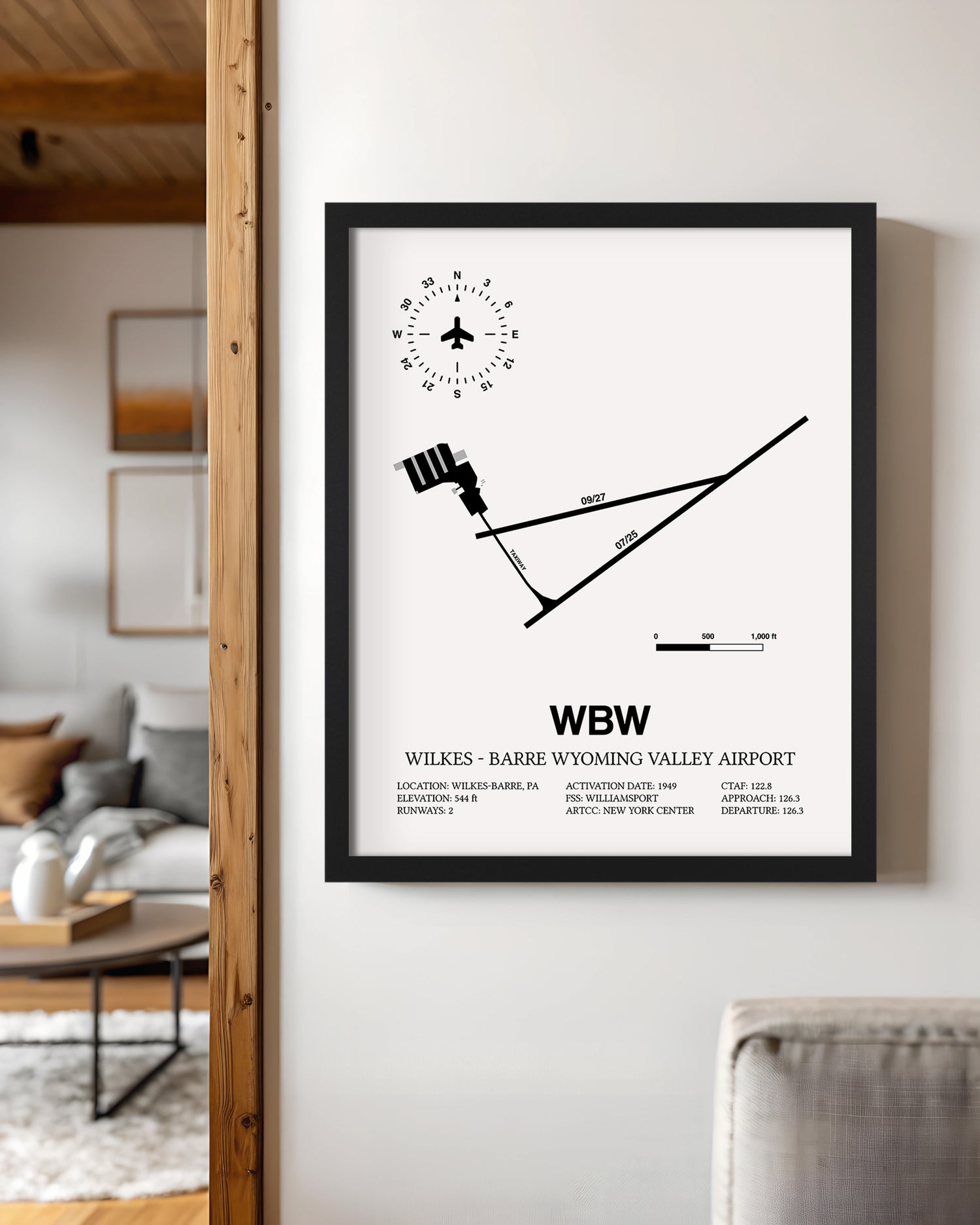 Framed Detailed Airport Map of Wilkes - Barre Wyoming Valley Airport (WBW) in White with a Black Frame