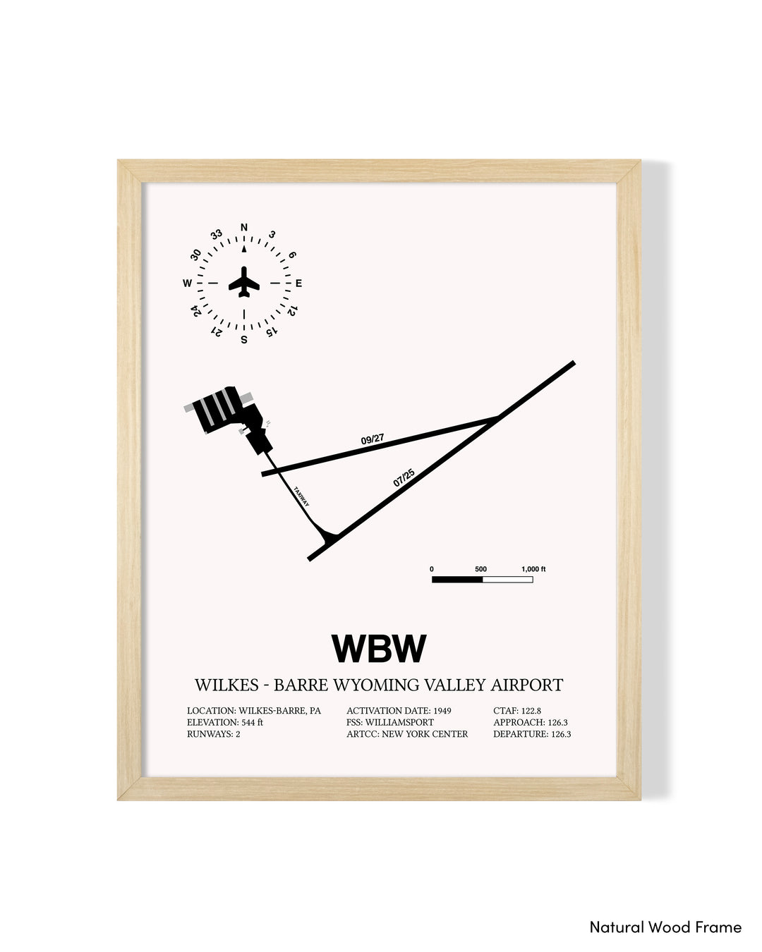 Detailed Airport Map of Wilkes - Barre Wyoming Valley Airport (WBW) in White with a Natural Frame