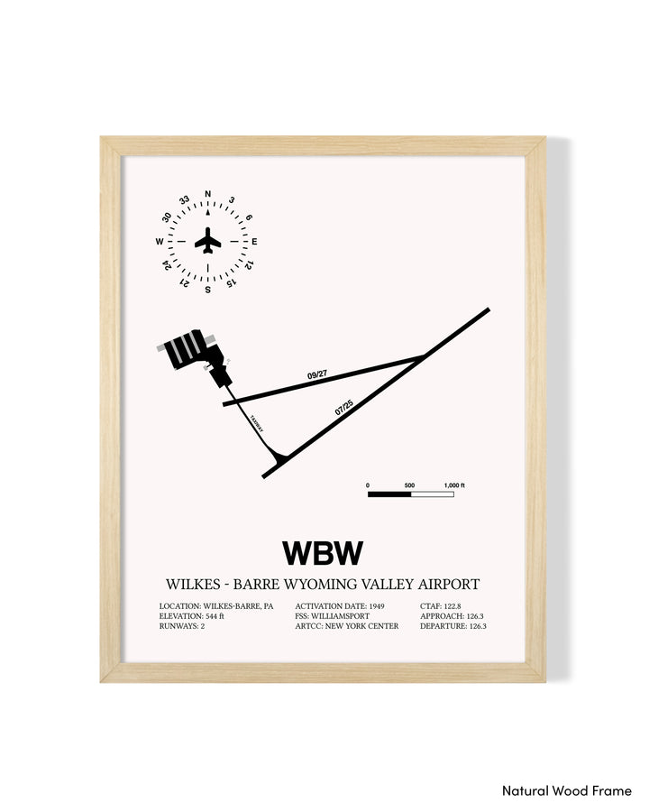 Detailed Airport Map of Wilkes - Barre Wyoming Valley Airport (WBW) in White with a Natural Frame
