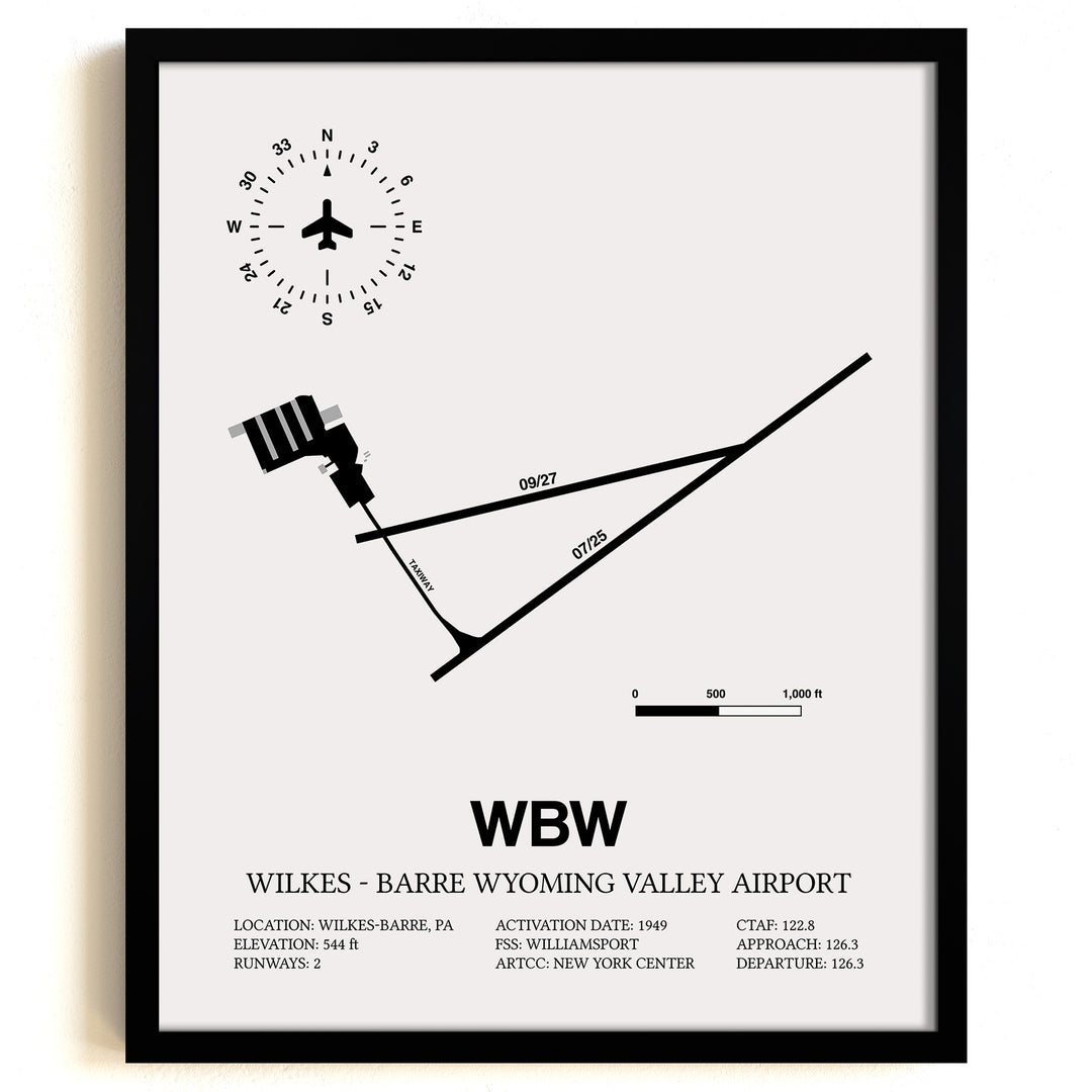 Framed Detailed Airport Map of Wilkes - Barre Wyoming Valley Airport (WBW) in White with a Black Frame
