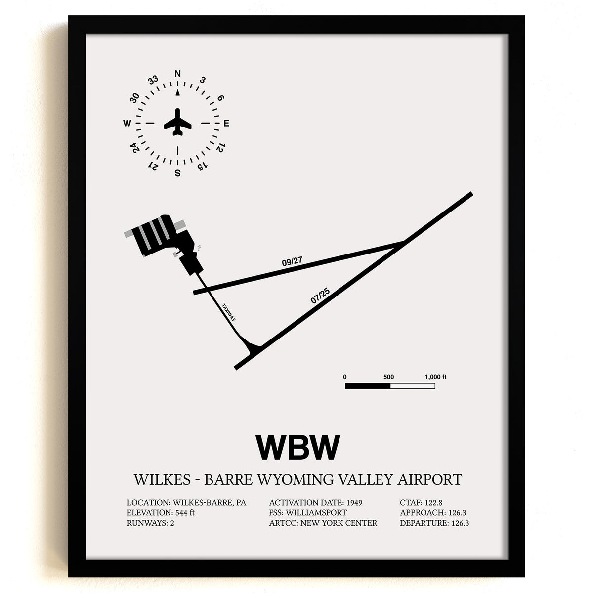 Framed Detailed Airport Map of Wilkes - Barre Wyoming Valley Airport (WBW) in White with a Black Frame