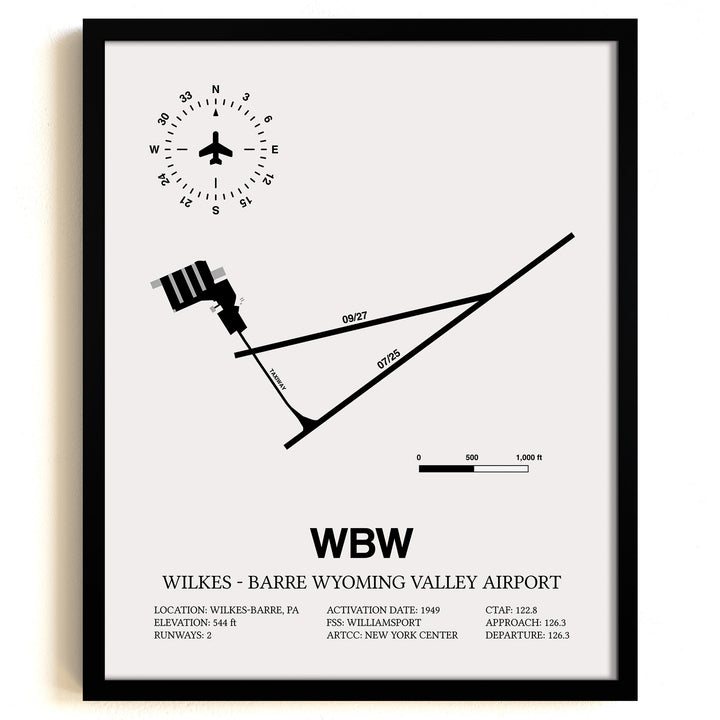 Framed Detailed Airport Map of Wilkes - Barre Wyoming Valley Airport (WBW) in White with a Black Frame