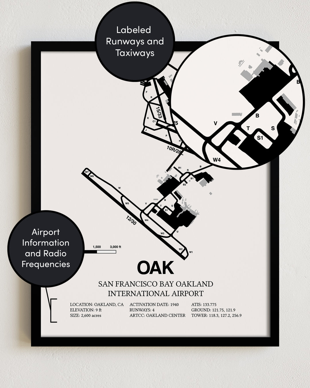 Framed Detailed Airport Map of Oakland International Airport (OAK) in White with a Black Frame