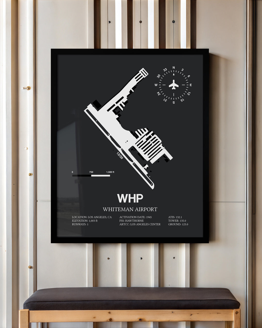 Framed Detailed Airport Map of Whiteman Airport (WHP) in Gray with a Black Frame