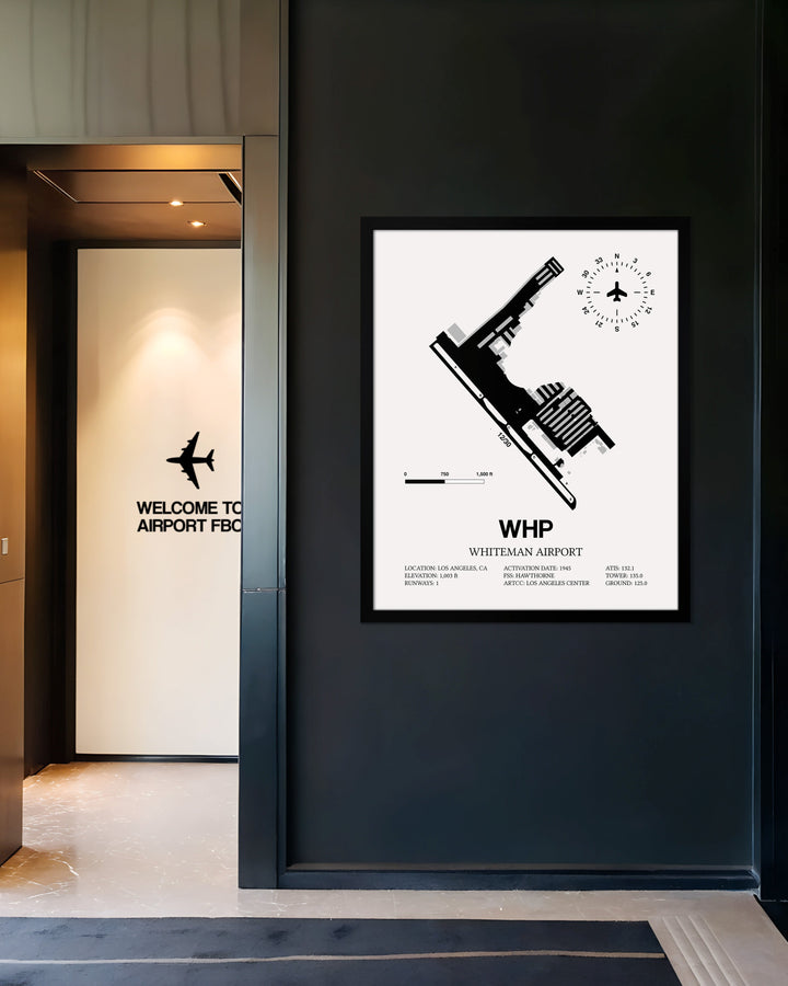 Framed Detailed Airport Map of Whiteman Airport (WHP) in White with a Black Frame
